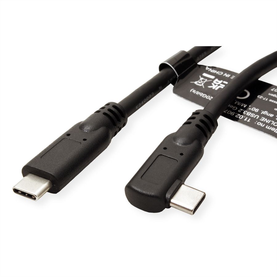 ROLINE USB 3.2 Gen 2x2 Kabel, USB C-C, ST/ST, 4K UHD-1, 20Gbit/s, Emark, 100W, gewinkelt, schwarz, 1 m