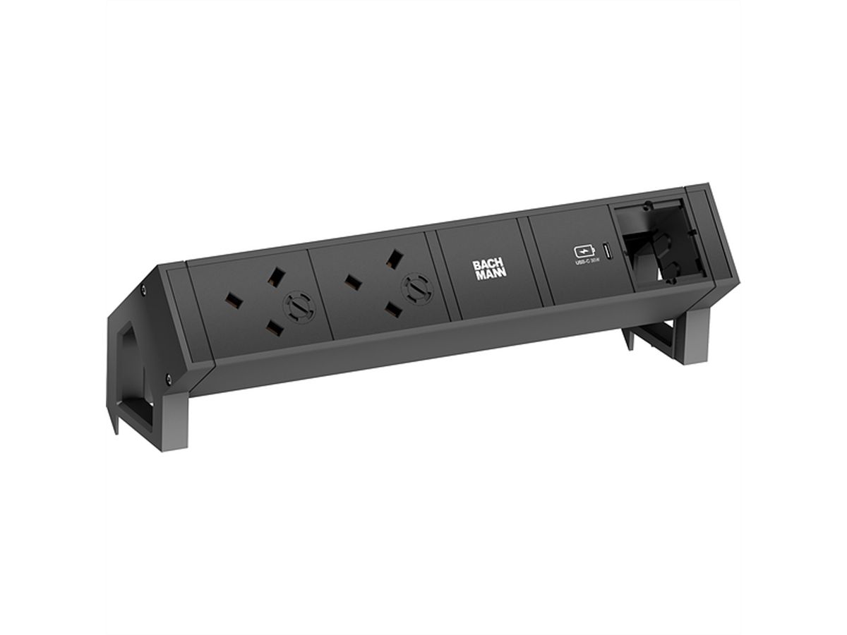 BACHMANN DESK2 2xUK 1xUSB C 30W 1xCM, 0,2m GST18 RAL9005 United Kingdom