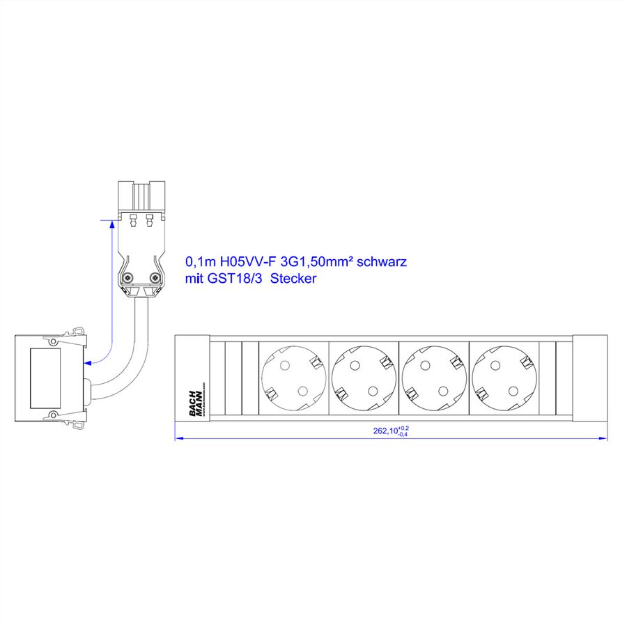 BACHMANN POWER FRAME 4xCEE7/3 ALU 0,20m 3G1,5mm² sw GST18
