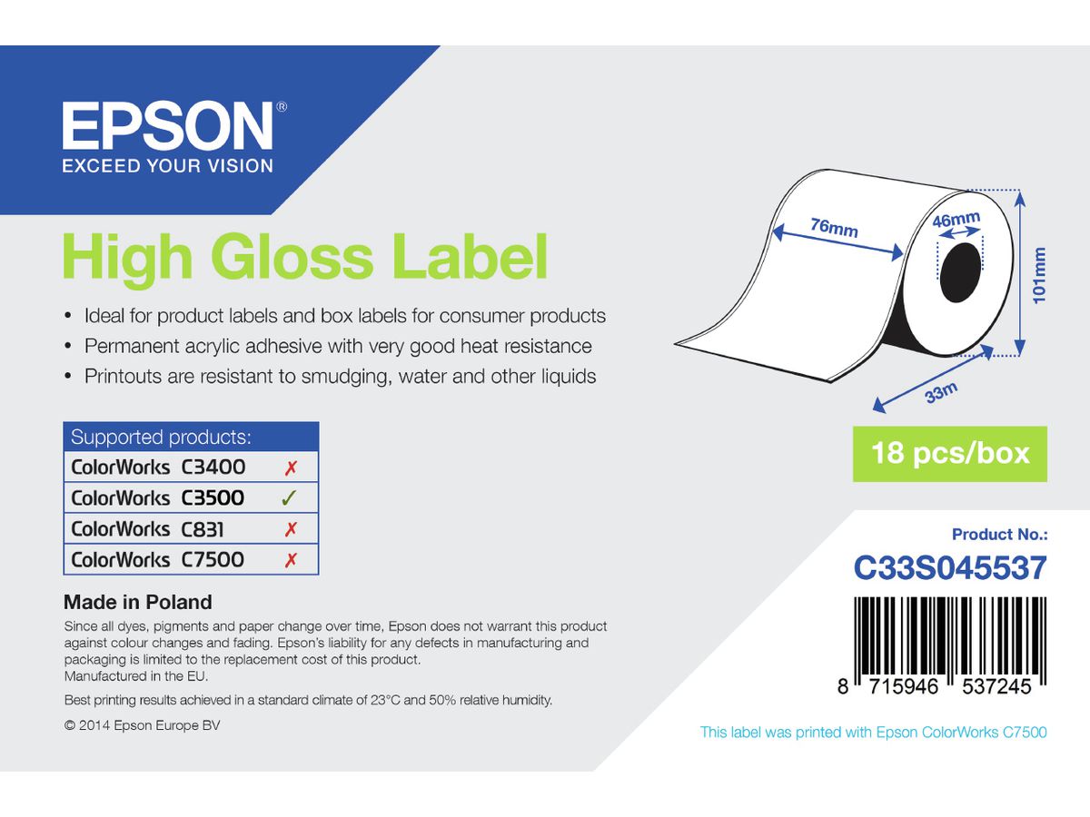Epson High Gloss Label - Continuous Roll: 76mm x 33m