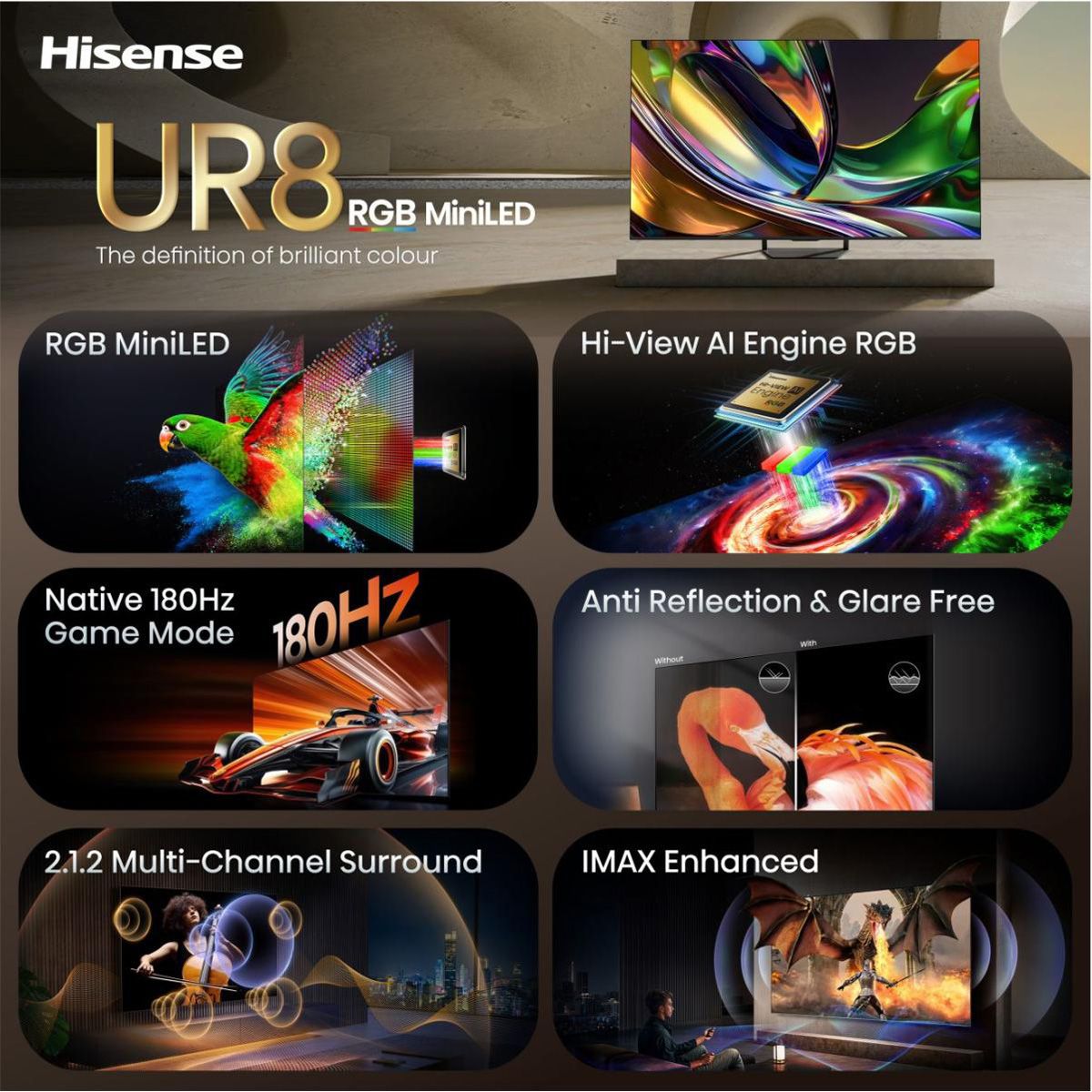Hisense TV 55UR8DS 55", RGB Mini LED 4K, 180Hz, 2500 Nits