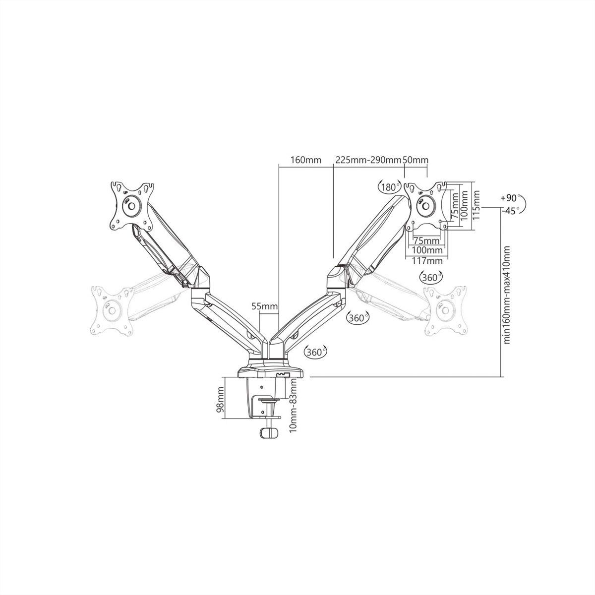 VALUE Dual LCD-Arm, Tischmontage, Gasfeder, 5 Gelenke, 12-27 Zoll, bis 2x 6,5 kg, schwarz
