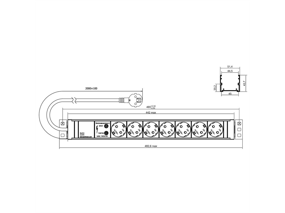 BACHMANN 19" 1,5HE 7xCEE7/3 ws 1xSPD Strom 2,0m CEE7/7