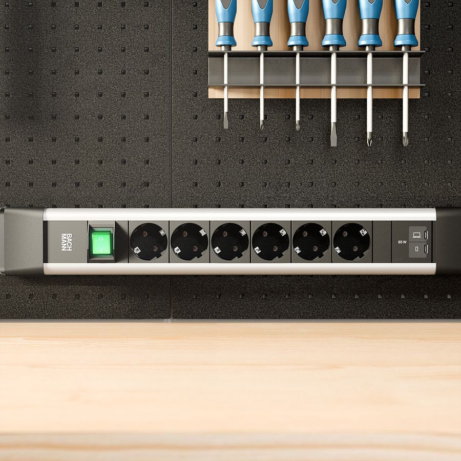 BACHMANN CONNECTUS 6xCEE7/3 1xSchalter, 1xUSB C/C 65W L=2,0m CEE7/7 grau