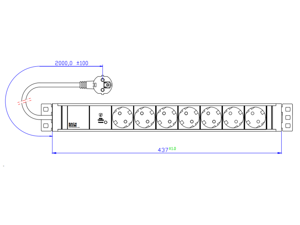 BACHMANN 19" 1,5HE 7xCEE7/3 ws 1xSPD-Plus 2,0m CEE7/7