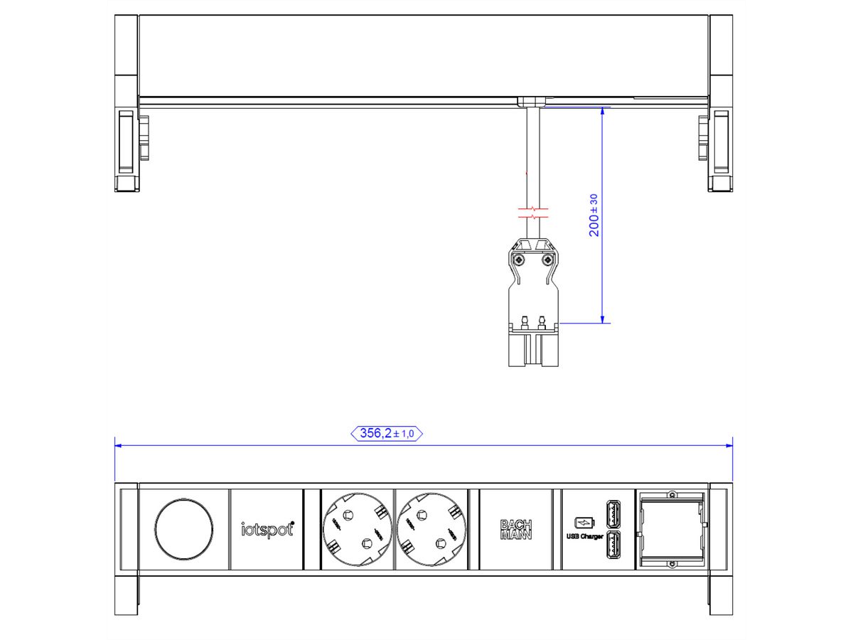 BACHMANN DESK2 1xIOTspot 2xSchutzkontakt, USB Charger 1xABD 0,2m GST18,sw
