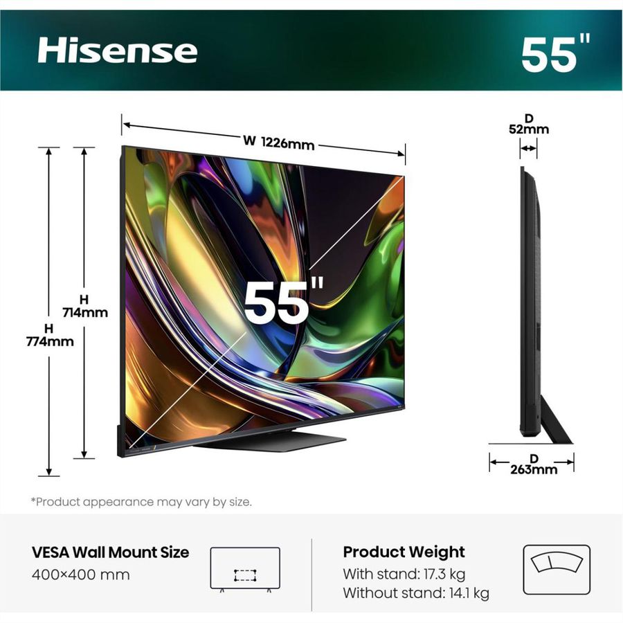 Hisense TV 55UR8DS 55", RGB Mini LED 4K, 180Hz, 2500 Nits