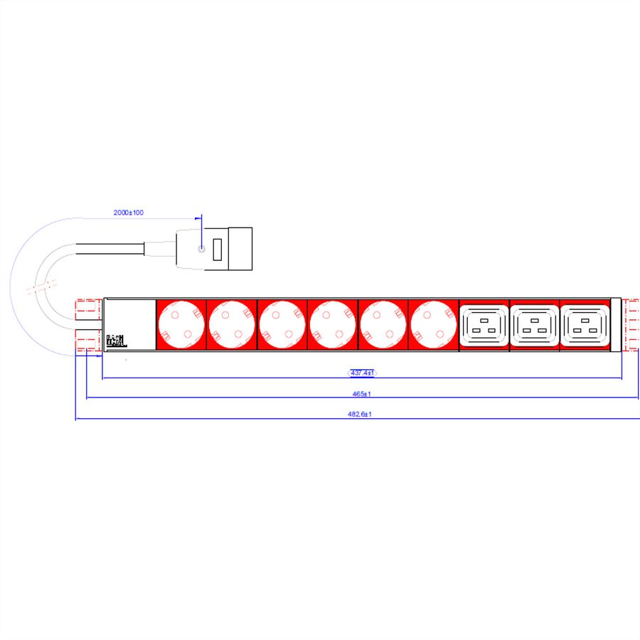 BACHMANN IT PDU ALU 1HE 6x Schutzkontakt 3x C19, Zuleitung mit Stecker C20, schwarz