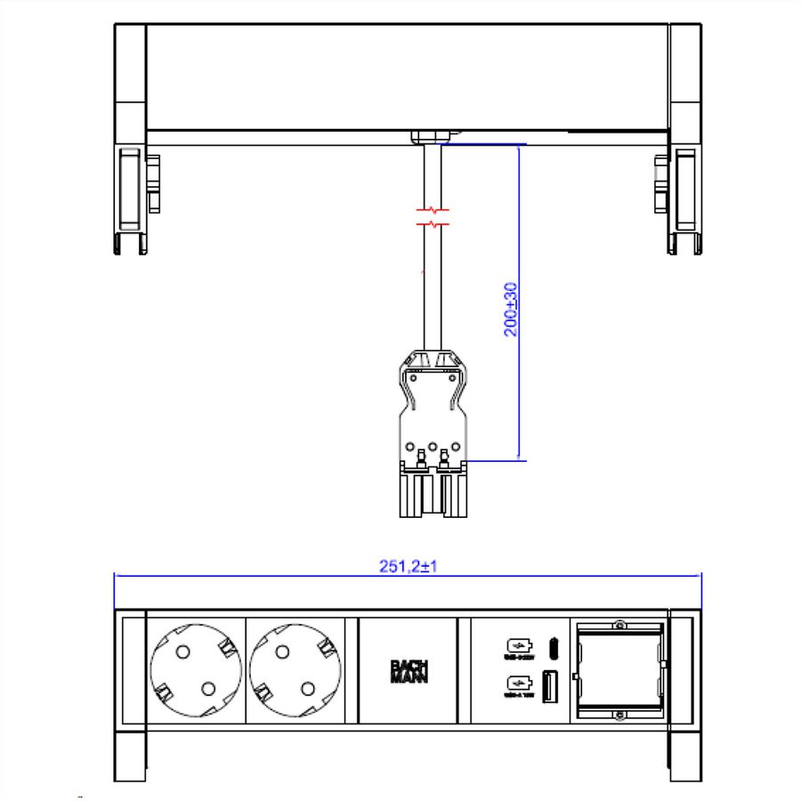 BACHMANN DESK2 white 2xCEE7/3 1xCM 1xUSB A/C 22W 0,2m GST18