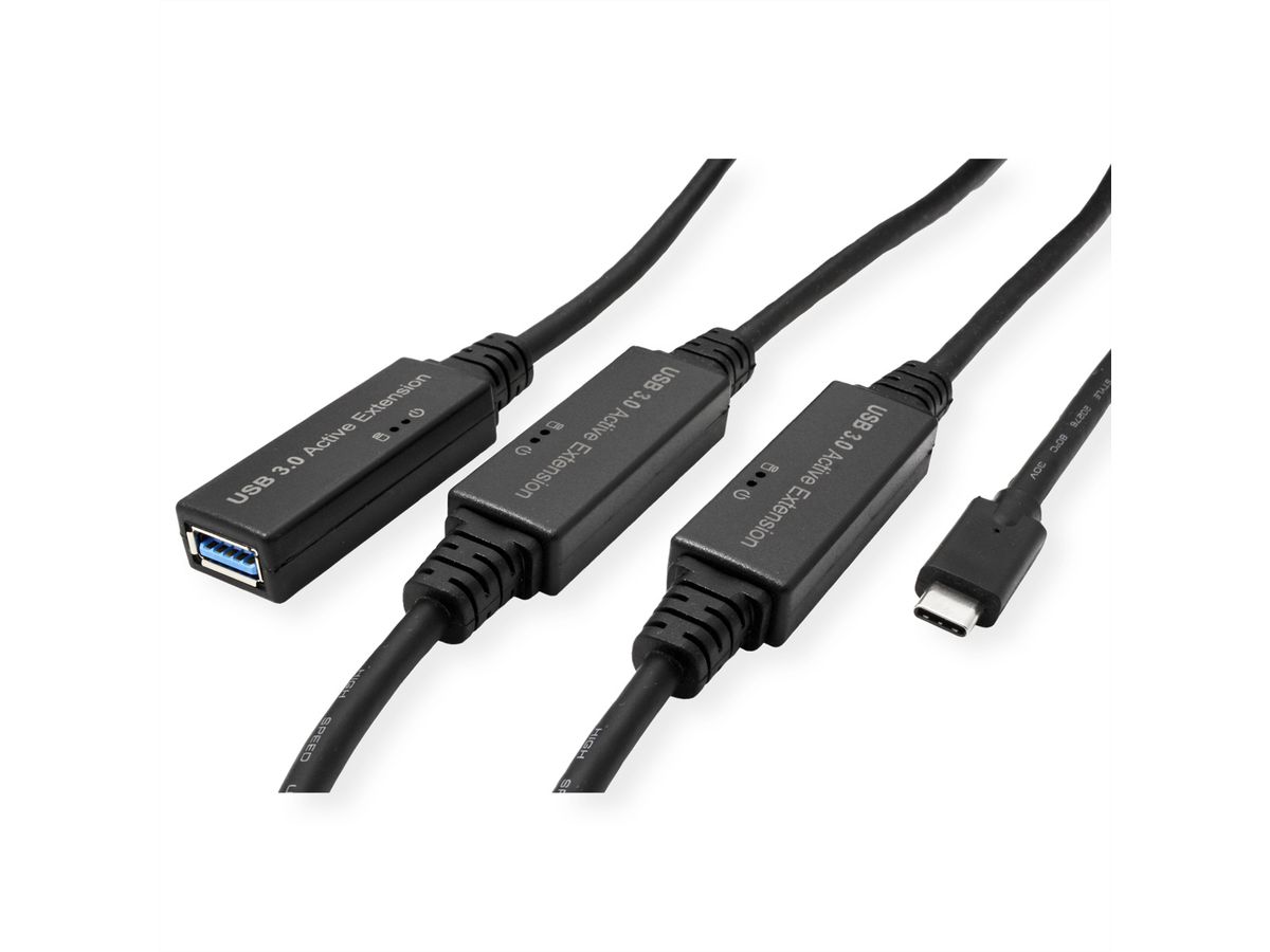 ROLINE USB 3.2 Gen 1 Aktives Repeater Kabel, Typ A - C, schwarz, 20 m