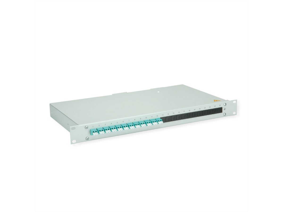 TELEGÄRTNER BASIS eco LWL-Panel mit Kupplungen & Pigtails, 12x LC Duplex, türkis, OM3, Grade C