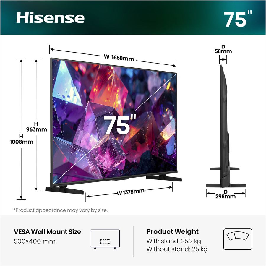 Hisense TV 75E7S PRO 75", QLED 4K, 144Hz, 350 Nits