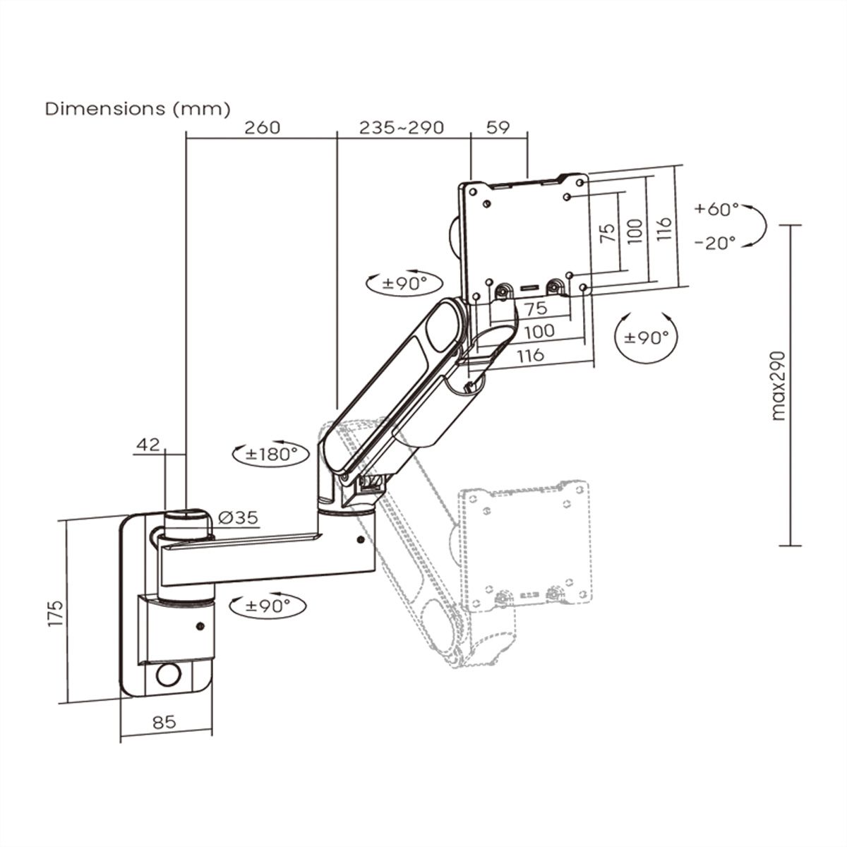 ROLINE LCD-Monitorhalterung mit Gasfeder, Wandmontage, 24-57 Zoll, bis 27 kg