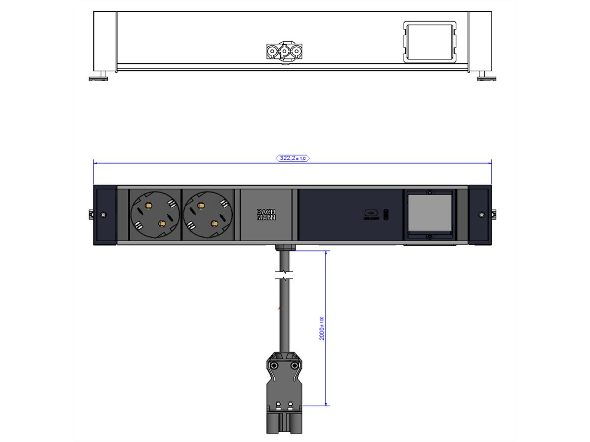 BACHMANN DESK RAIL 2xSchutzkontakt USB C, USB Charger 60W 1xABD 2,0m GST18