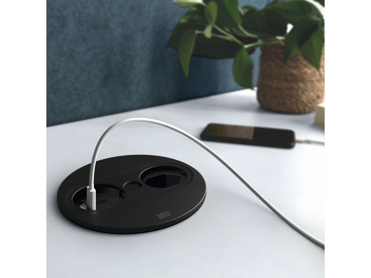 BACHMANN TWIST2 1xCH 1xUSB A/C 22W, L=0,2m RAL9005 30GE rund