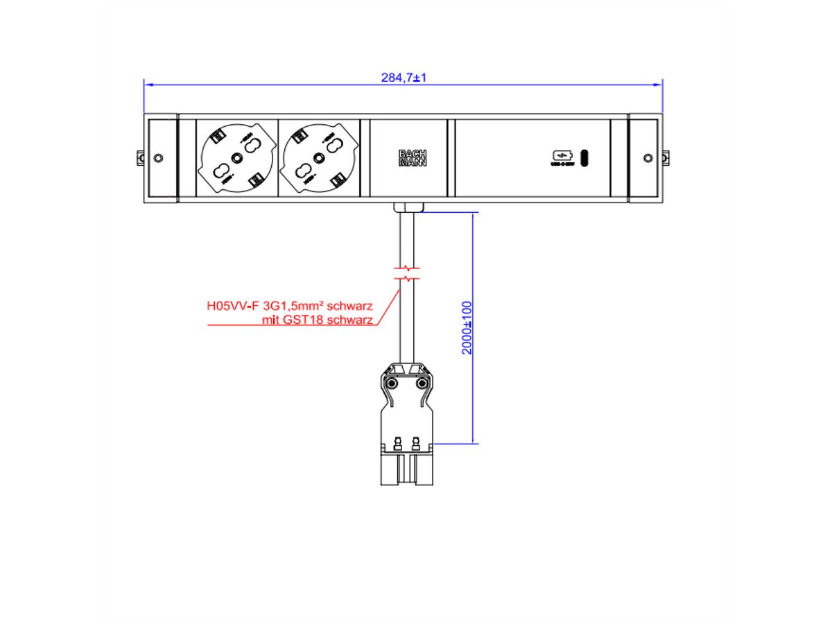 BACHMANN DESK RAIL 2xP40 1xUSB C 60W, 2,0m GST18 Italia