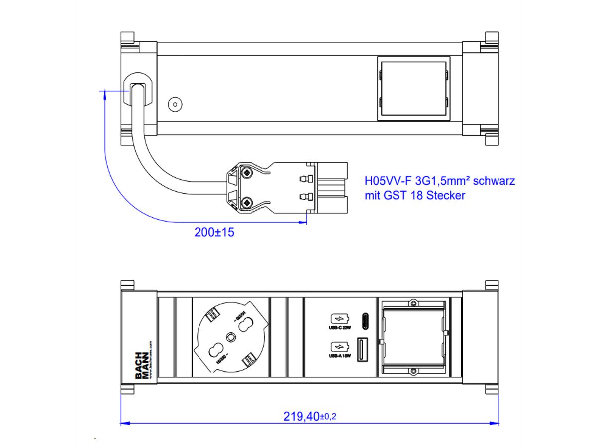 BACHMANN POWER FRAME S 1xP40 USB A&C 22W, 1xCM 0,2m GST18 Italia