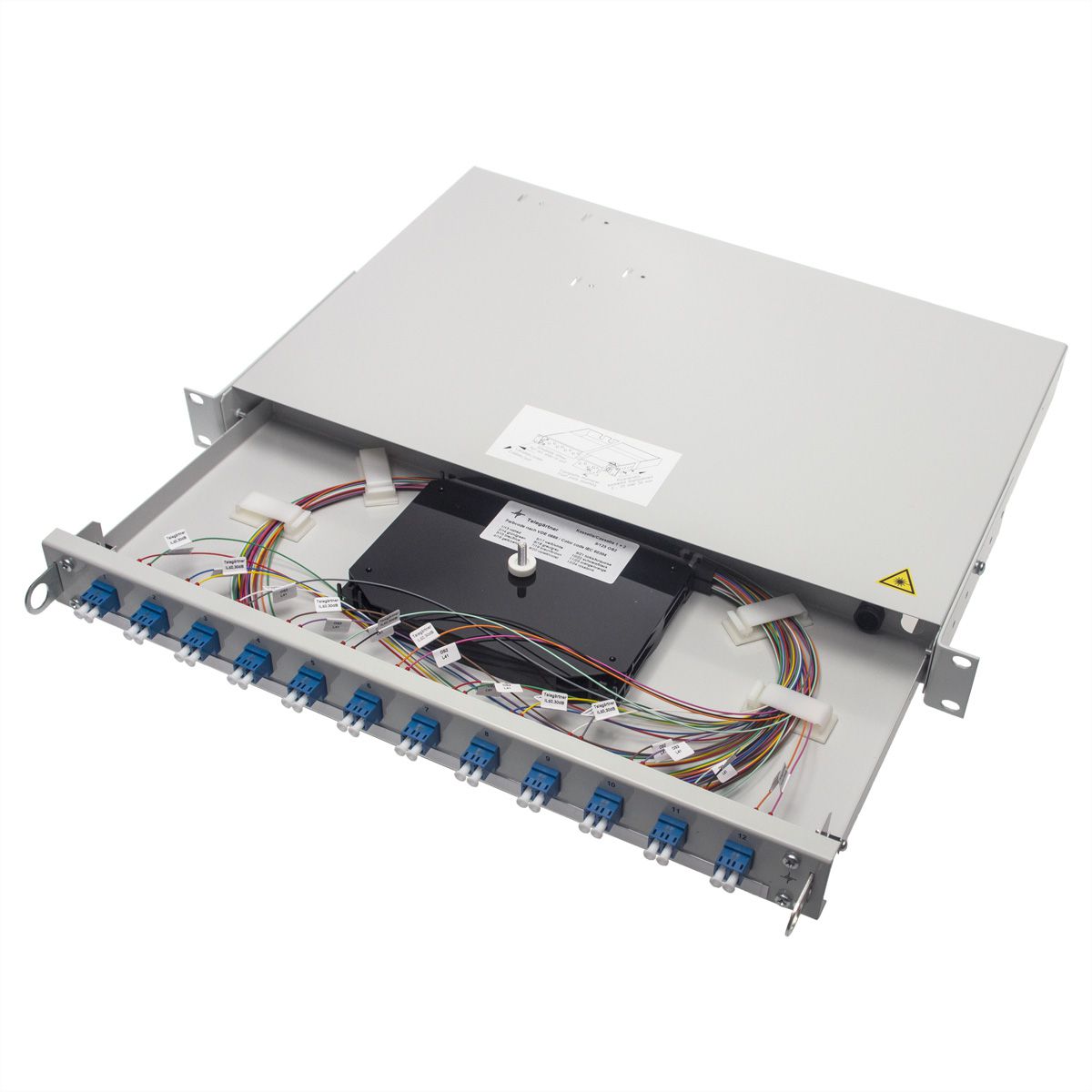 TELEGÄRTNER 19" LWL-Rangierverteiler PROFI V 1HE, 12xLCD türkis+24xPigt.50 OM3,eingefärbt