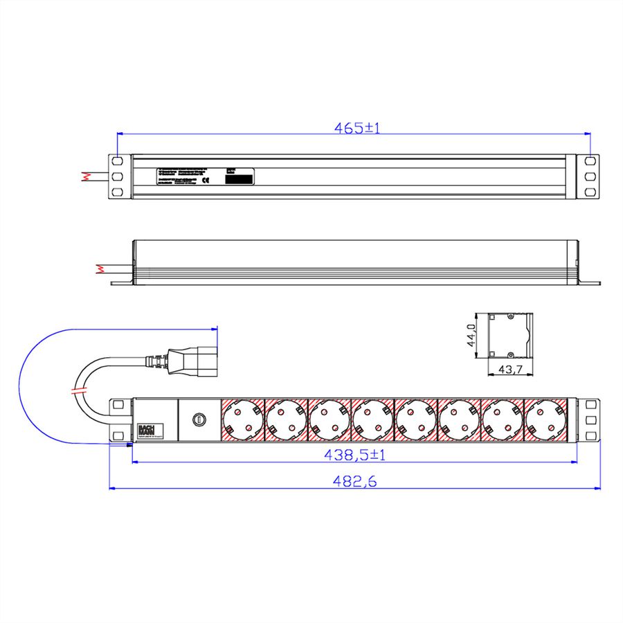 BACHMANN 19" Steckdosenleiste 8-fach 2300W, IEC320 C14 Stecker, schwarz