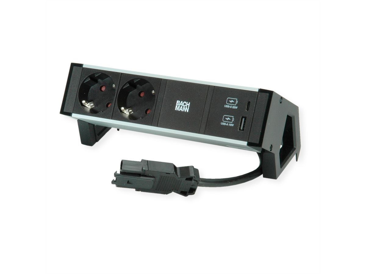 BACHMANN DESK2 ALU BLACK 2xSchutzkt.USB, USB Charger 22W A&C 0,2m GST18