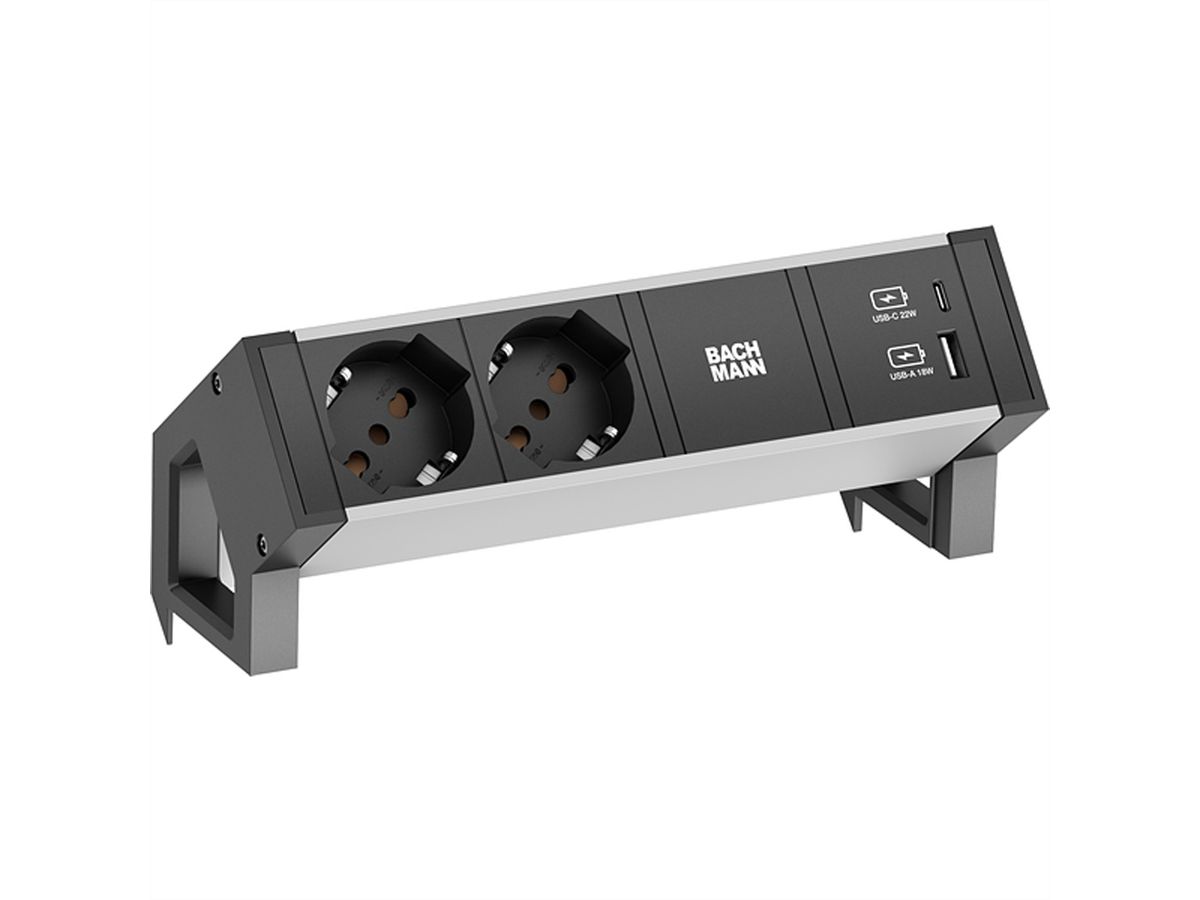 BACHMANN DESK2 ALU BLACK 2xP40, 1xUSB A&C 22W 0,2m GST18 Italia