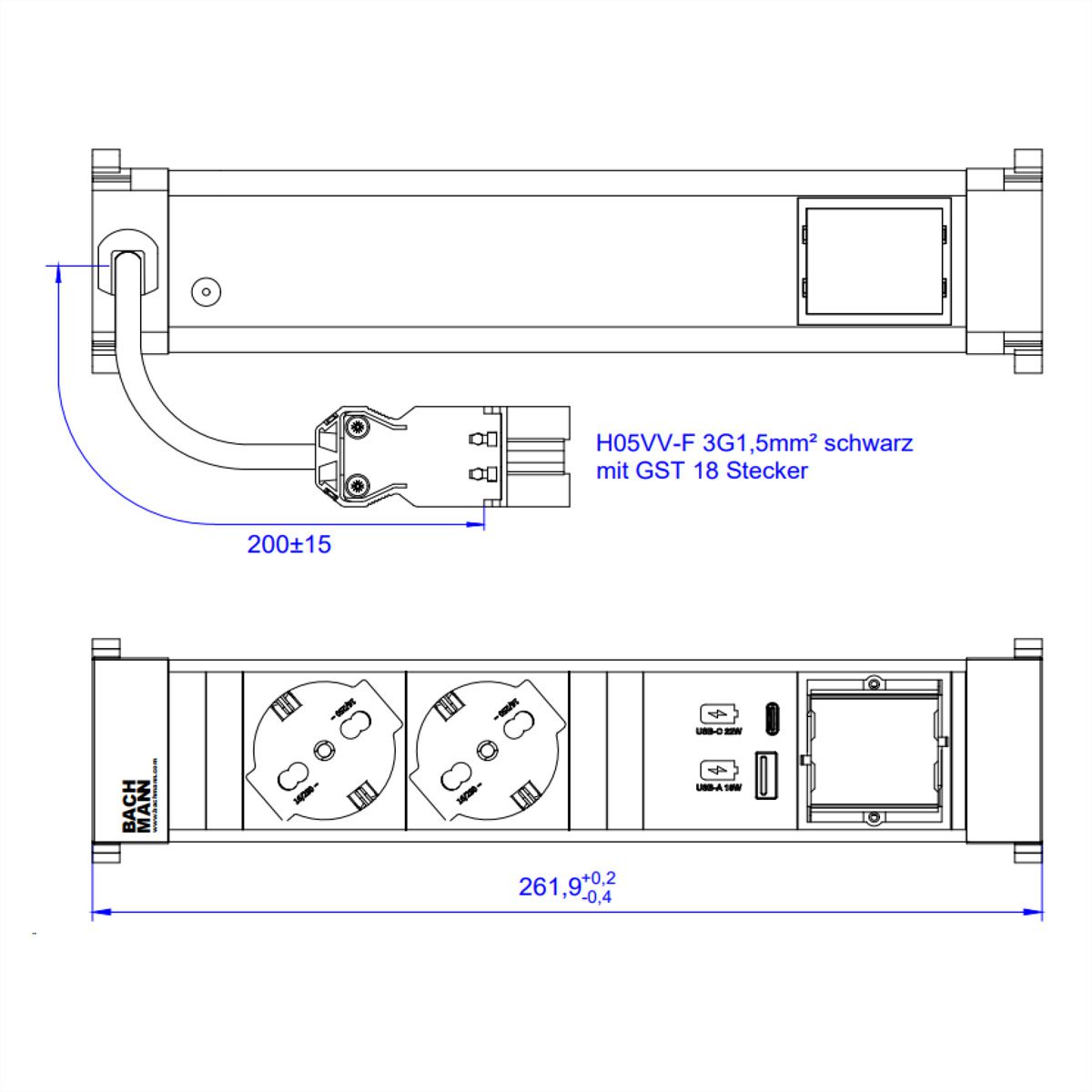 BACHMANN POWER FRAME M 2xP40, 1xUSB A&C 22W 1xCM 0,2m GST18 Italia