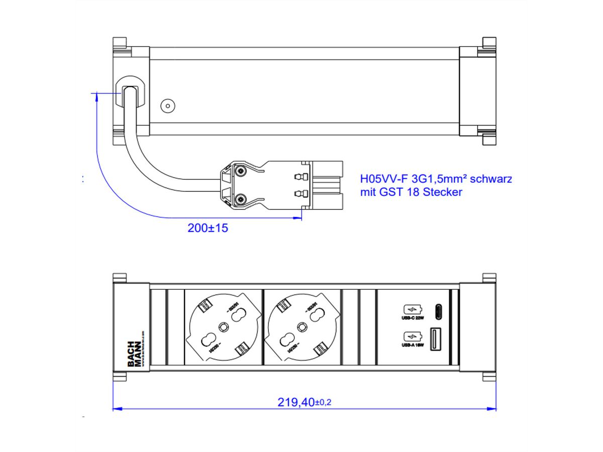 BACHMANN POWER FRAME S 2xP40, 1xUSB A/C 22W 0,2m GST18 Italia