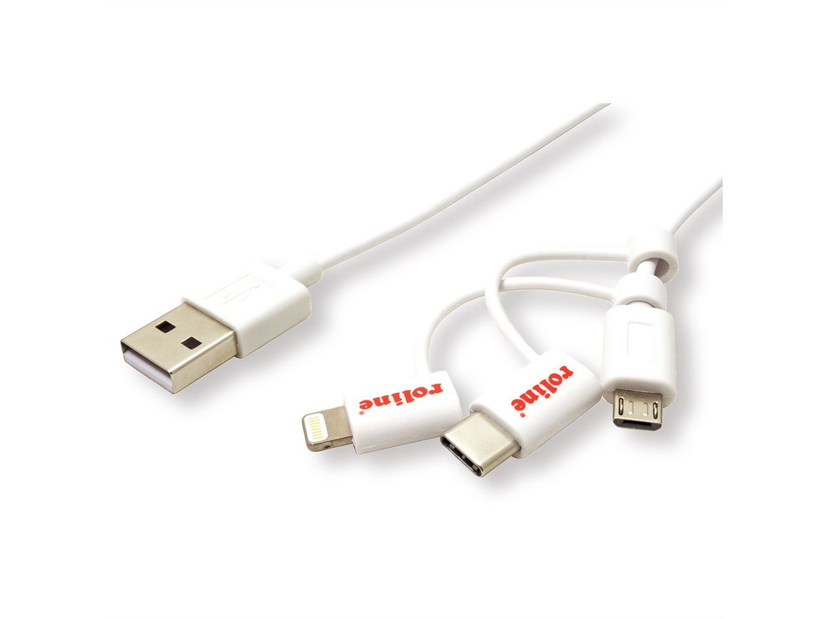 ROLINE USB 2.0 Sync- & Ladekabel Typ A - Typ C / 8-Pin / USB MicroB, weiß, 1 m