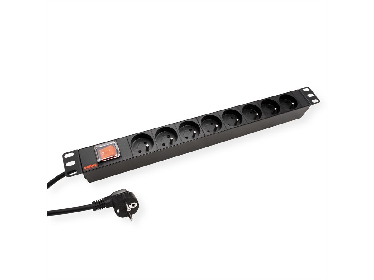 ROLINE 19"-Steckdosenleiste 8fach, mit Ein-/Aus-Schalter, UTE-Version, schwarz, 2 m