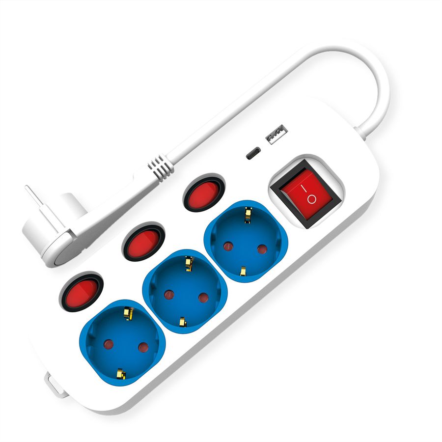 ROLINE 3-fach Steckdosenleiste mit Schalter, USB-Charger A+C, 3 m