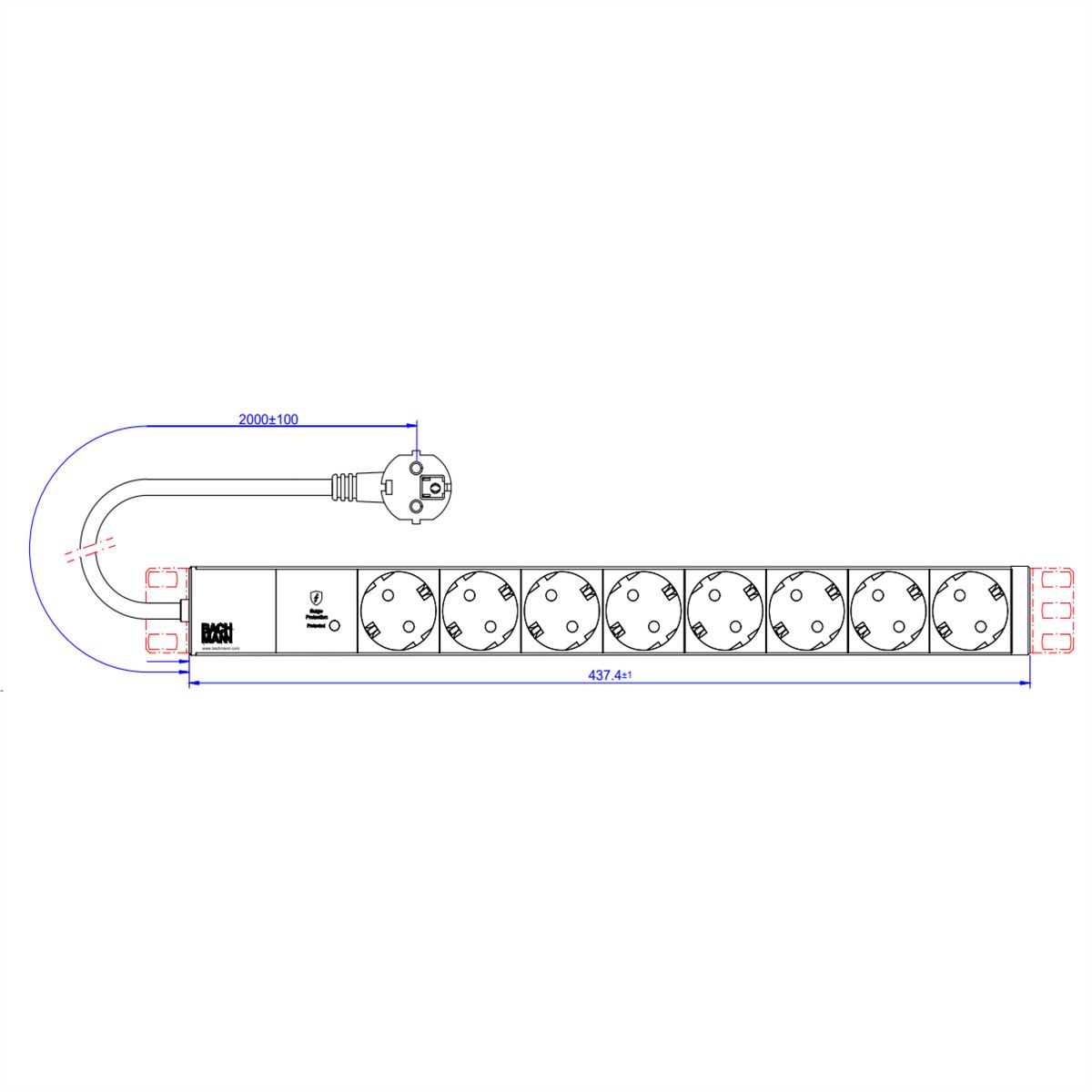 BACHMANN 19" 1HE 8xCEE7/3 RAL7035 1xSPD-Plus 2,0m CEE7/7