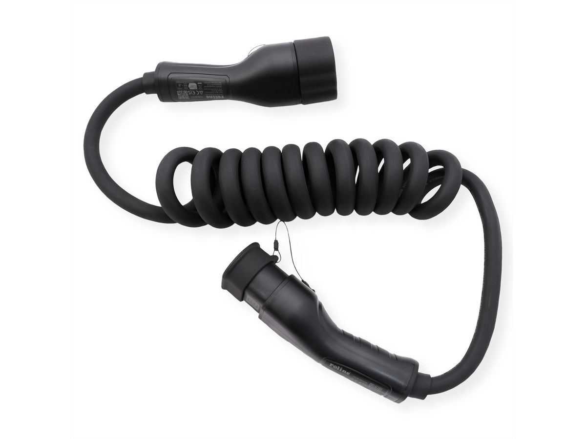 ROLINE E-Auto Ladekabel Typ2, 3-phasig, 480VAC (3P+N+E), 32 A, 22 kW, Spiralkabel, 3 m