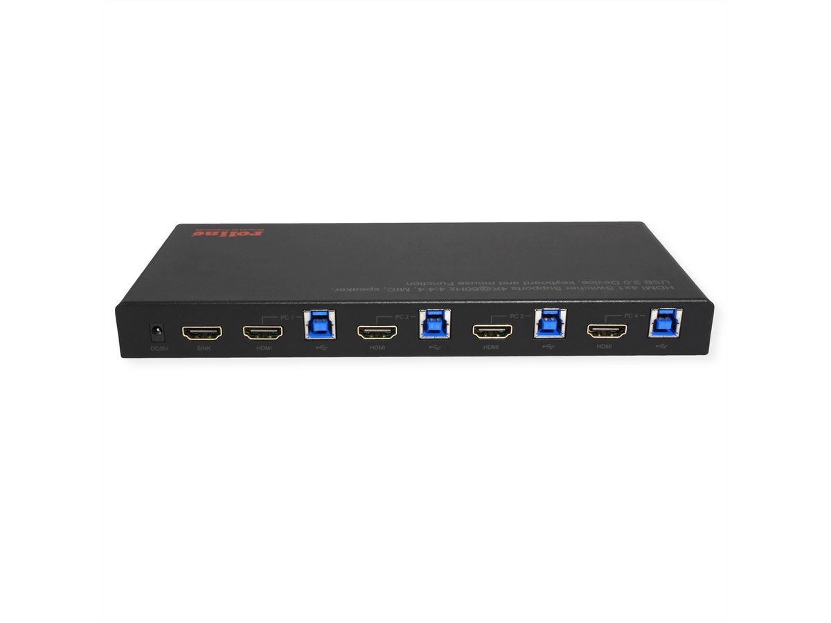 ROLINE KVM Switch, HDMI 4K, USB, 1 User - 4 PC, mit 3-Port USB-Hub
