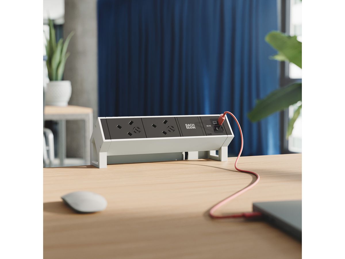 BACHMANN DESK2 2xUK 1xUSB C/C 65W, L=0,2m RAL9010