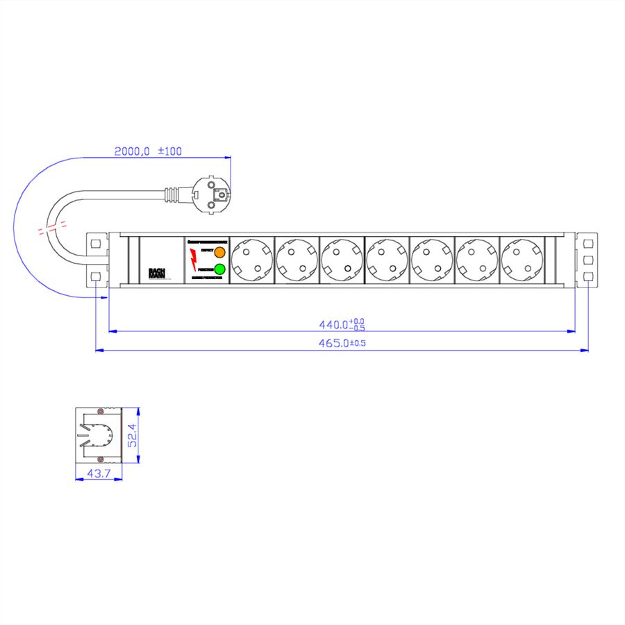BACHMANN BASIC 19z PVC 7xCEE7/3 1xSPD, 2m CEE7/7
