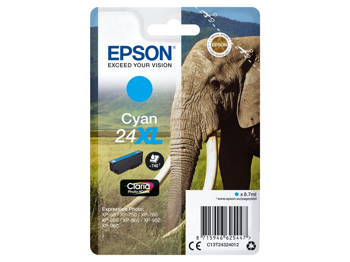 Epson Elephant Singlepack Cyan 24XL Claria Photo HD Ink