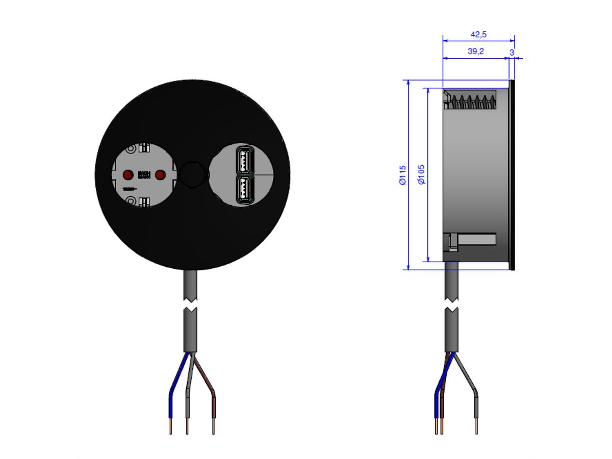 BACHMANN TWIST 1x Schutzkontakt, Aderendhülsen, USB-Charger, Schutzkontaktmontagestecker, schwarz, 2 m