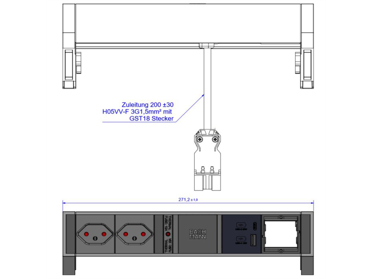 BACHMANN DESK2 2xCH 1xUSB A/C 22W 1xCM, 0,2m GST18 RAL9005 Schweiz