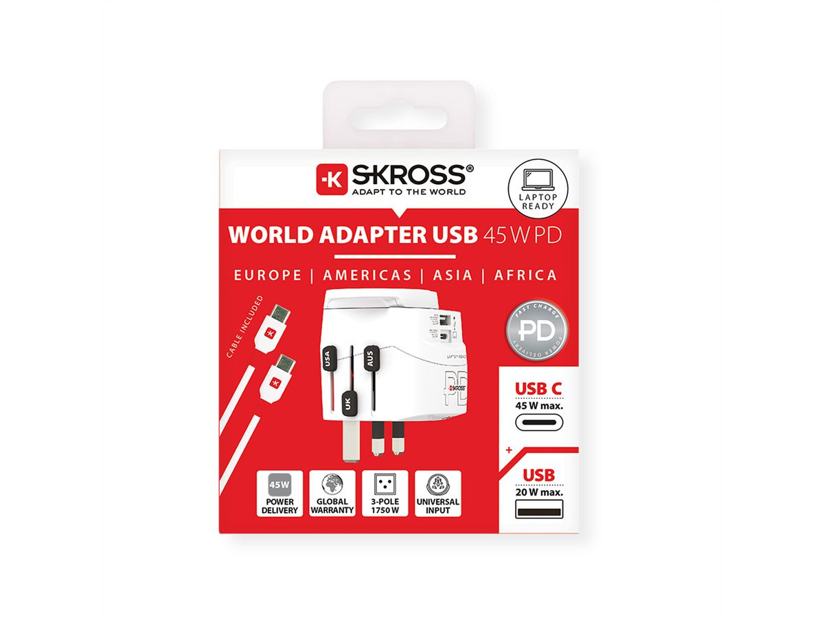 Skross PRO Light USB A/C 45PD World Reiseadapter, Weltweit