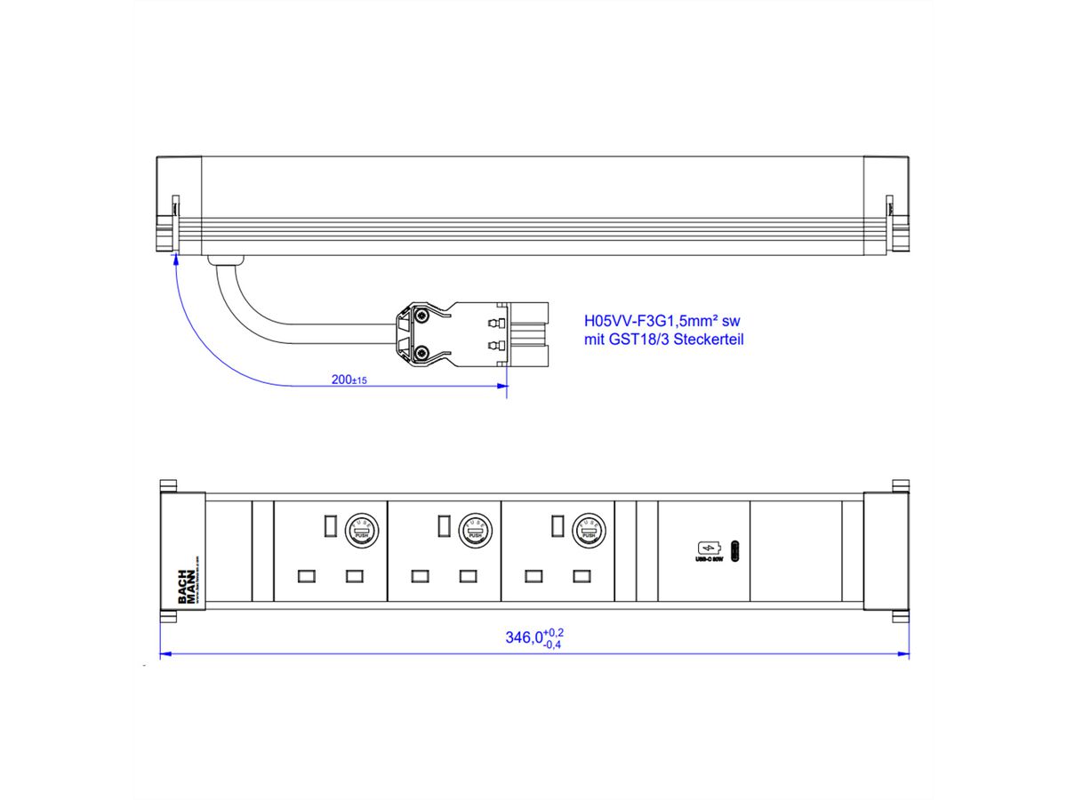 BACHMANN POWER FRAME L 3xUK, 1xUSB C 30W 0,2m GST18 United Kingdom