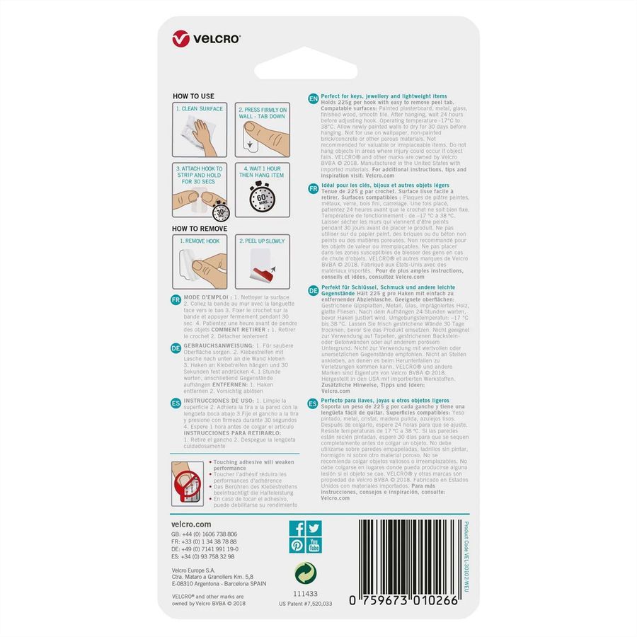VELCRO® HANGables Mikro-Klebe-Haken 225g, 4 St. wiederablösbar, weiß