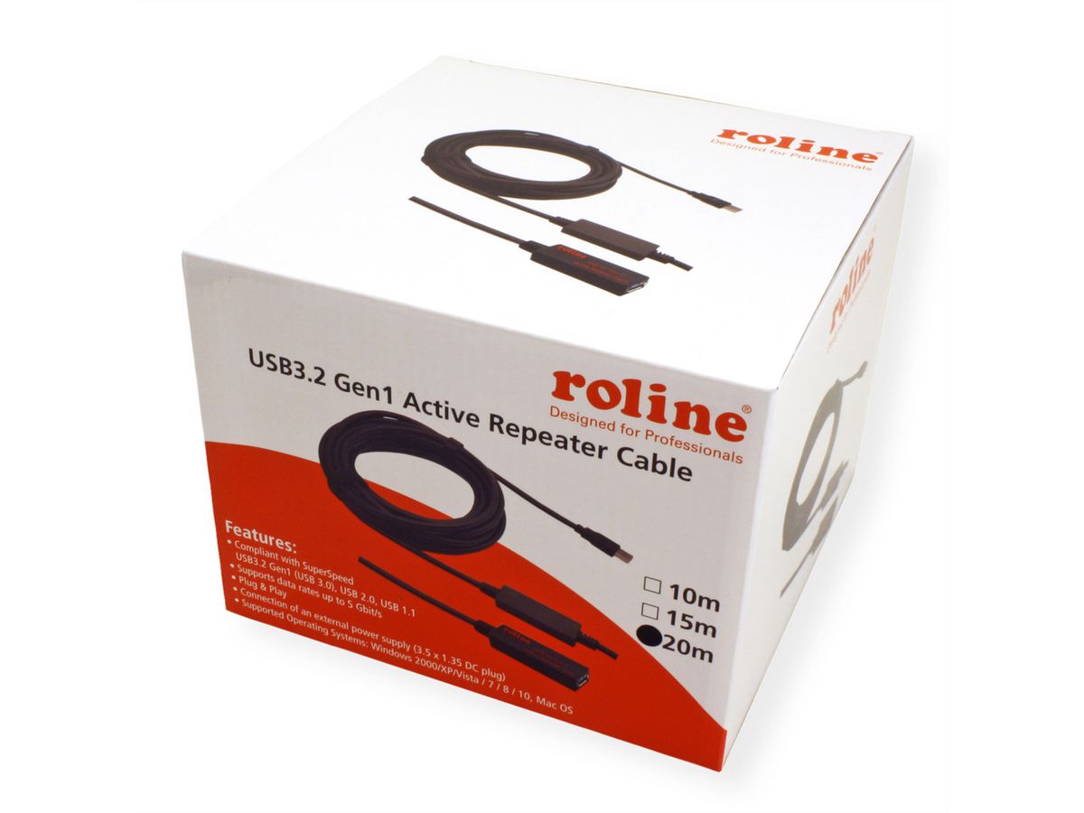 ROLINE USB 3.2 Gen 1 Aktives Repeater Kabel, schwarz, 20 m