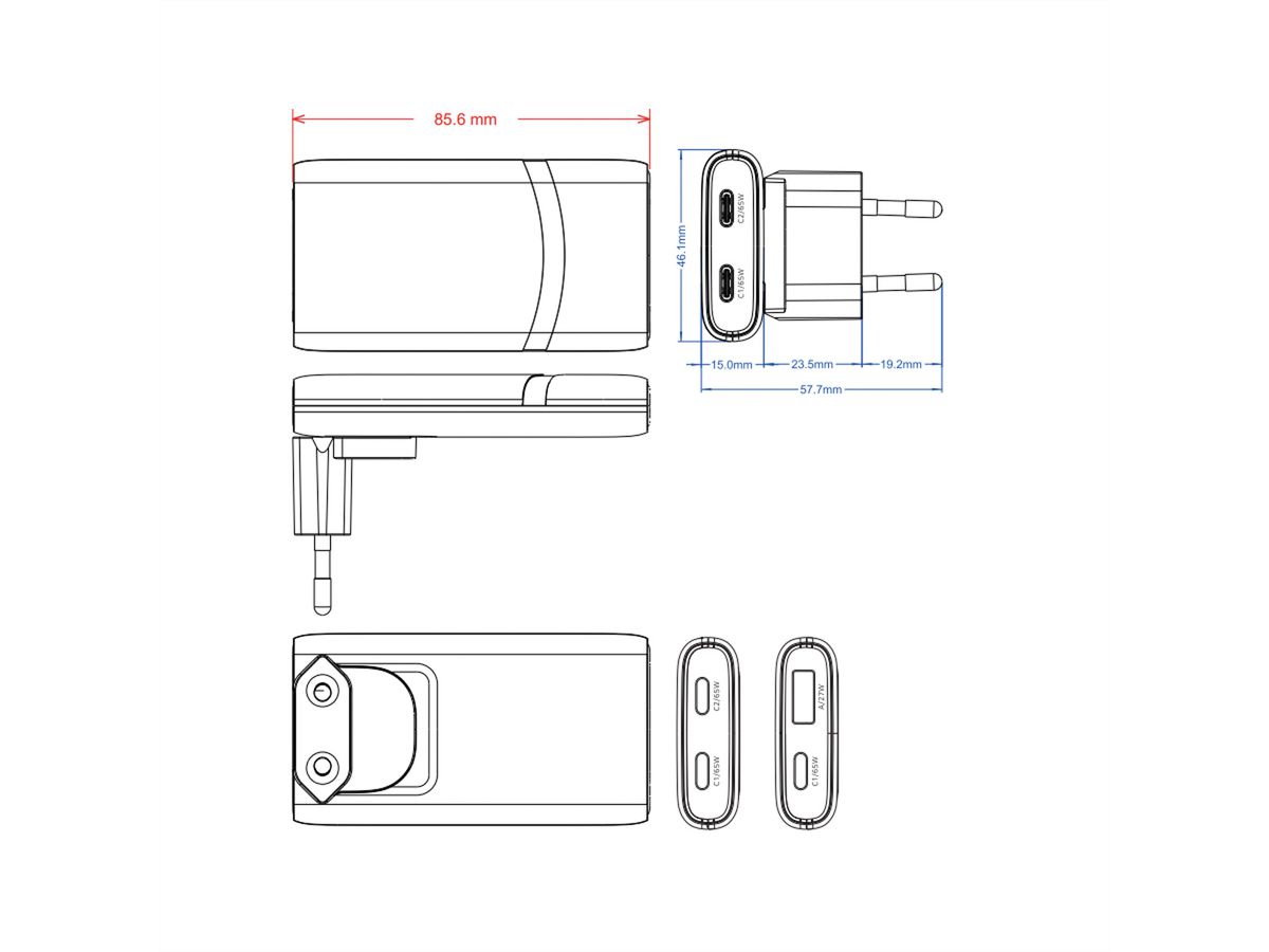 VALUE USB Charger mit Euro-/US-Stecker, 2 Ports Typ A+C, 65W
