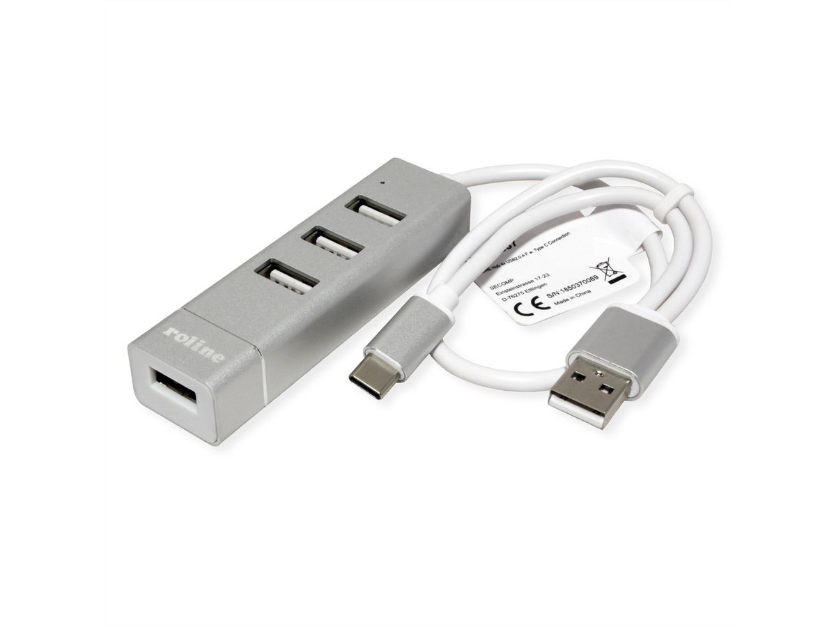 ROLINE USB 2.0 Notebook Hub, 4 Ports, Typ A+C Anschlusskabel