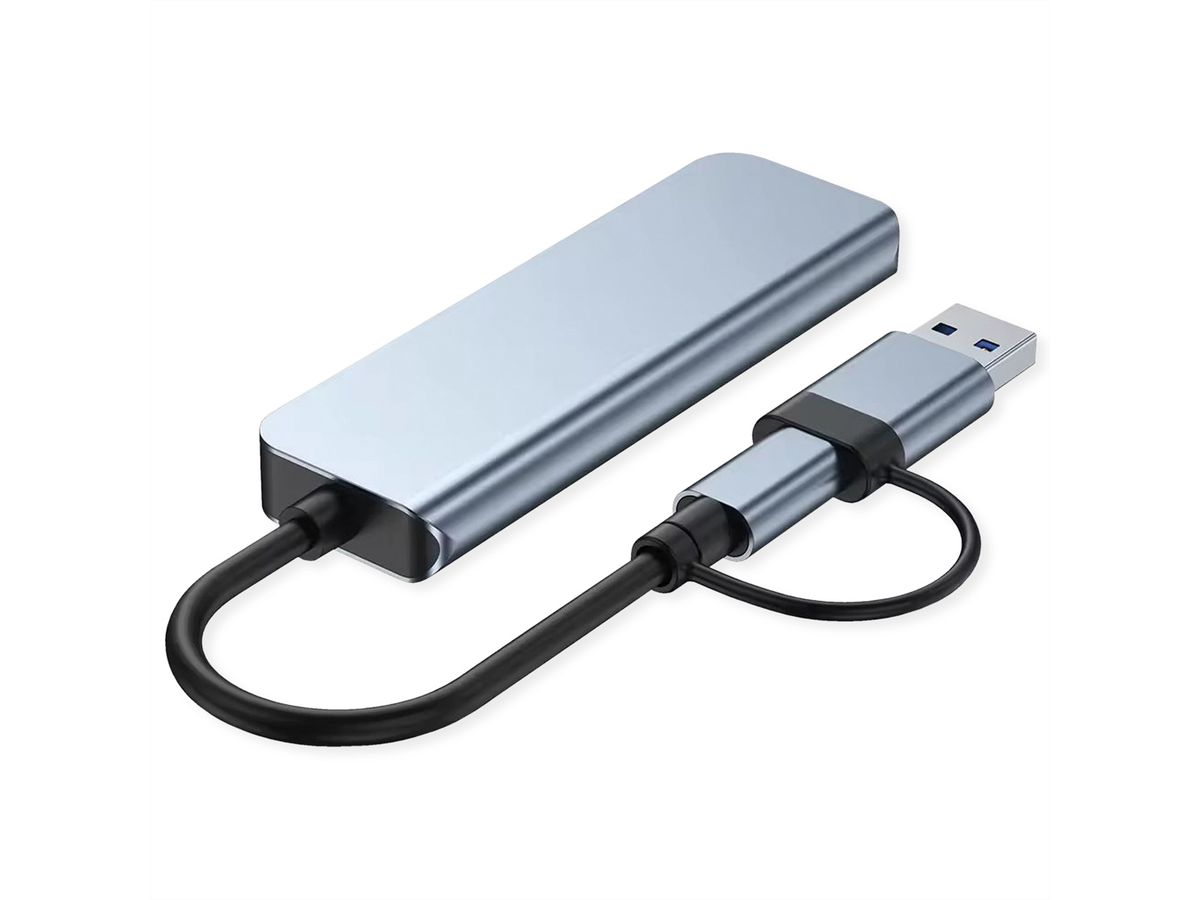 VALUE USB3.2 Gen1 Metall Hub, 4fach Typ A, (1x USB 3.2Gen1 + 3x USB 2.0), Typ A+C Anschlusskabel
