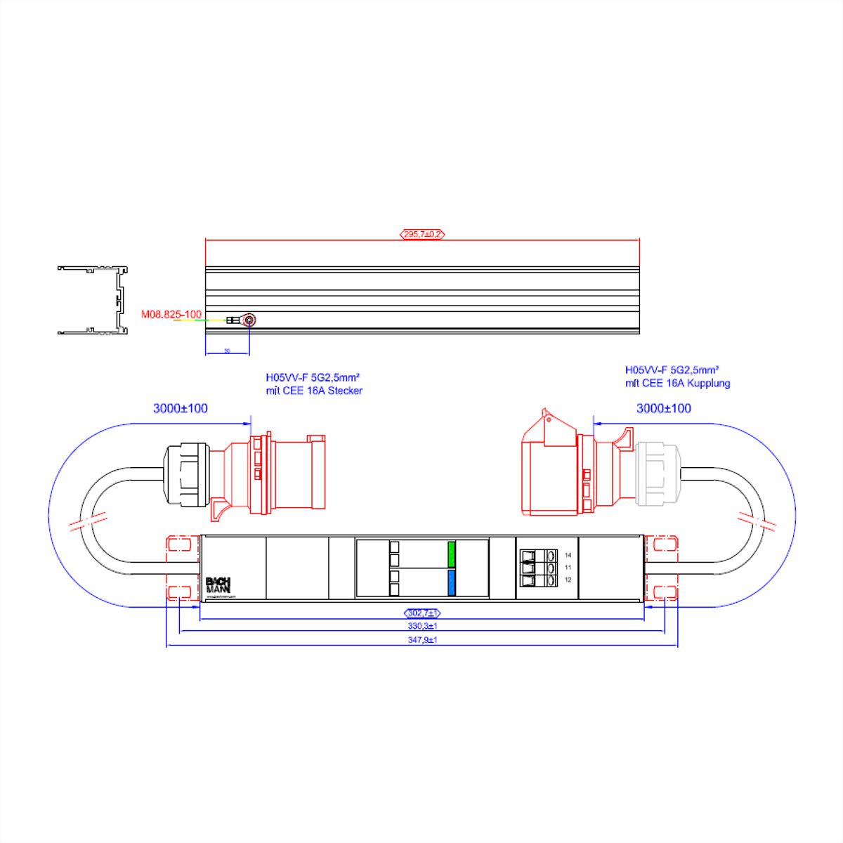 BACHMANN ALU 1HE VM 1x SPD 3-phasig, 1x ÜS 3x 16A 2x 1m H05VV-F 5G2,5mm CEE 16A