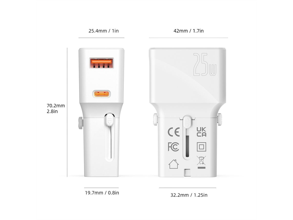 VALUE USB Reise-Charger mit Euro-Flach-/UK-/US-Stecker, 2 Port (Typ-A QC3.0, Typ-C PD), 25W