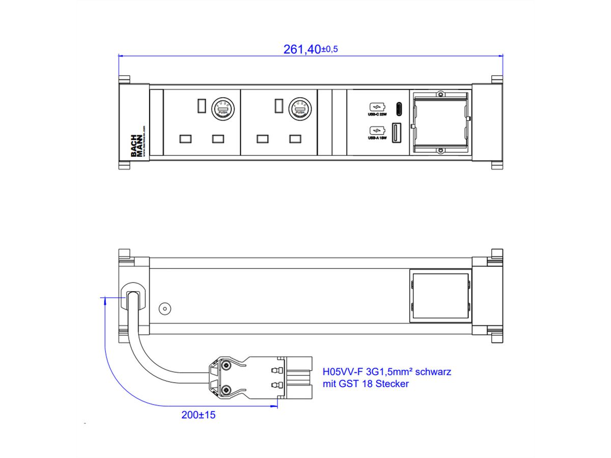 BACHMANN POWER FRAME M 2xUK USB A&C 22W, 1xCM 0,2m GST18 United Kingdom
