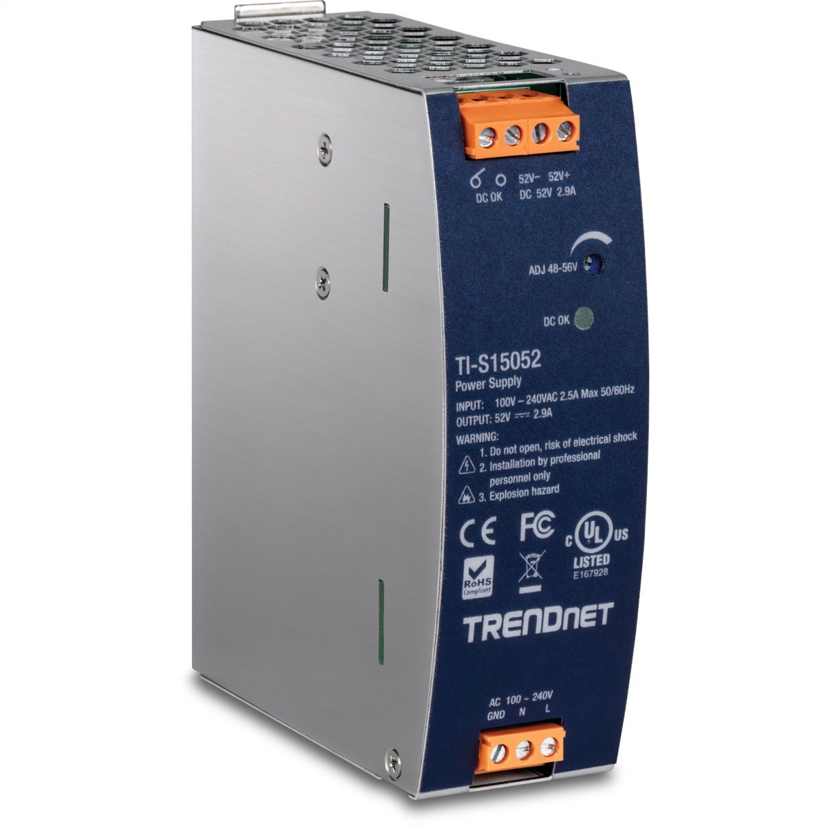 TRENDnet TI-S15052 DIN-Rail Power Supply, 150W, 52V DC, 2.89A AC zu DC mit PFC