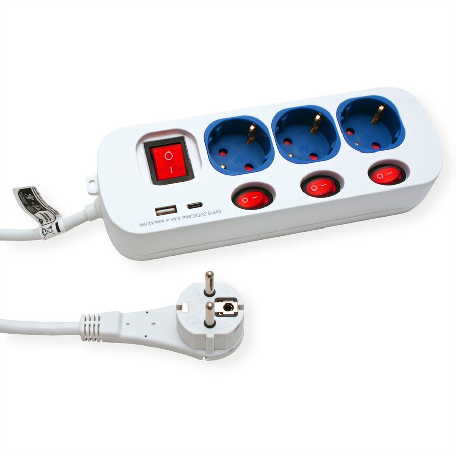 ROLINE 3-fach Steckdosenleiste mit Schalter, USB-Charger A+C, 3 m